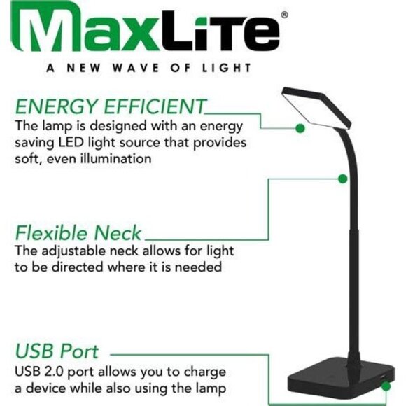 White MaxLite Slim LED Desk Lamp With USB Port Adjustable Neck 4W 120V 225 Lumen - Picture 3 of 6